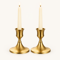 Shimmering Vintage Candle Holder set of 2 in Antique Gold with lit ivory taper candles
