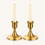 Shimmering Vintage Candle Holder set of 2 in Antique Gold with lit ivory taper candles