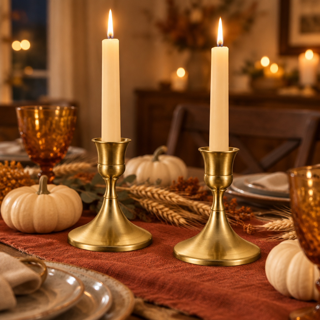 Antique Gold taper candlesticks on a Thanksgiving dinner table with pumpkins and wheat