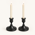 Shimmering Vintage Candle Holder set of 2 in Midnight Noir matte black with lit ivory taper candles
