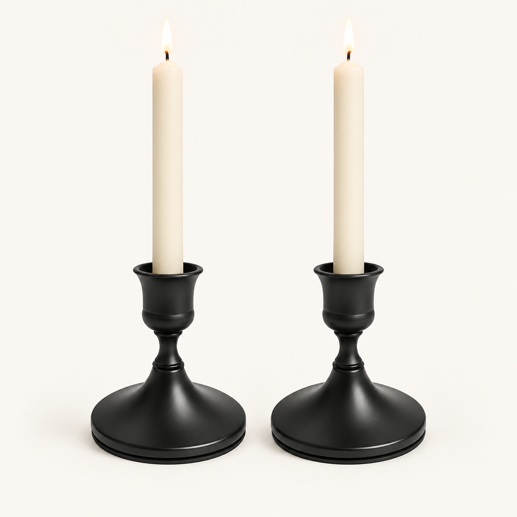 Shimmering Vintage Candle Holder set of 2 in Midnight Noir matte black with lit ivory taper candles