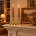 Antique Gold taper candlesticks with terracotta candles on an autumn fireplace mantel