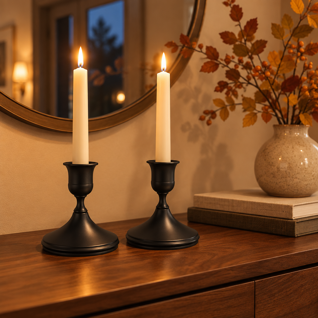 Midnight Noir black taper candlesticks on a walnut entryway console at dusk