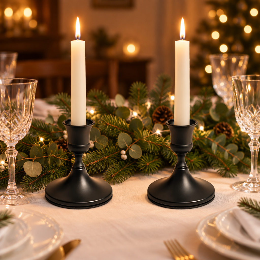 Midnight Noir black taper candlesticks on a Christmas dinner table with pine garland