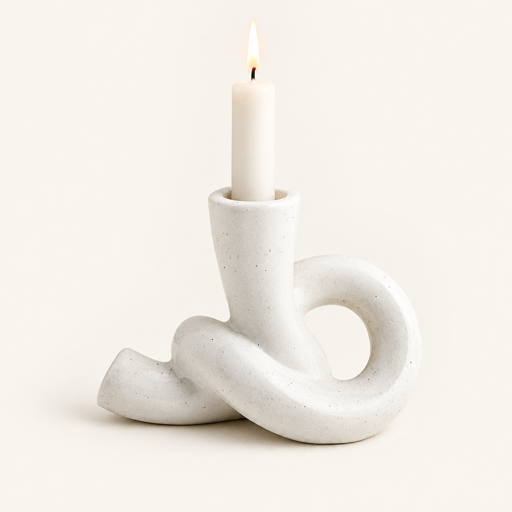 Knot ceramic candle holder, Short, cream speckled, with a lit taper candle