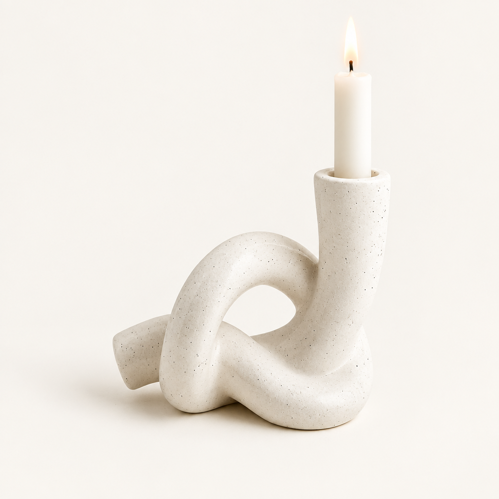 Knot ceramic candle holder, Long, cream speckled, with a lit taper candle