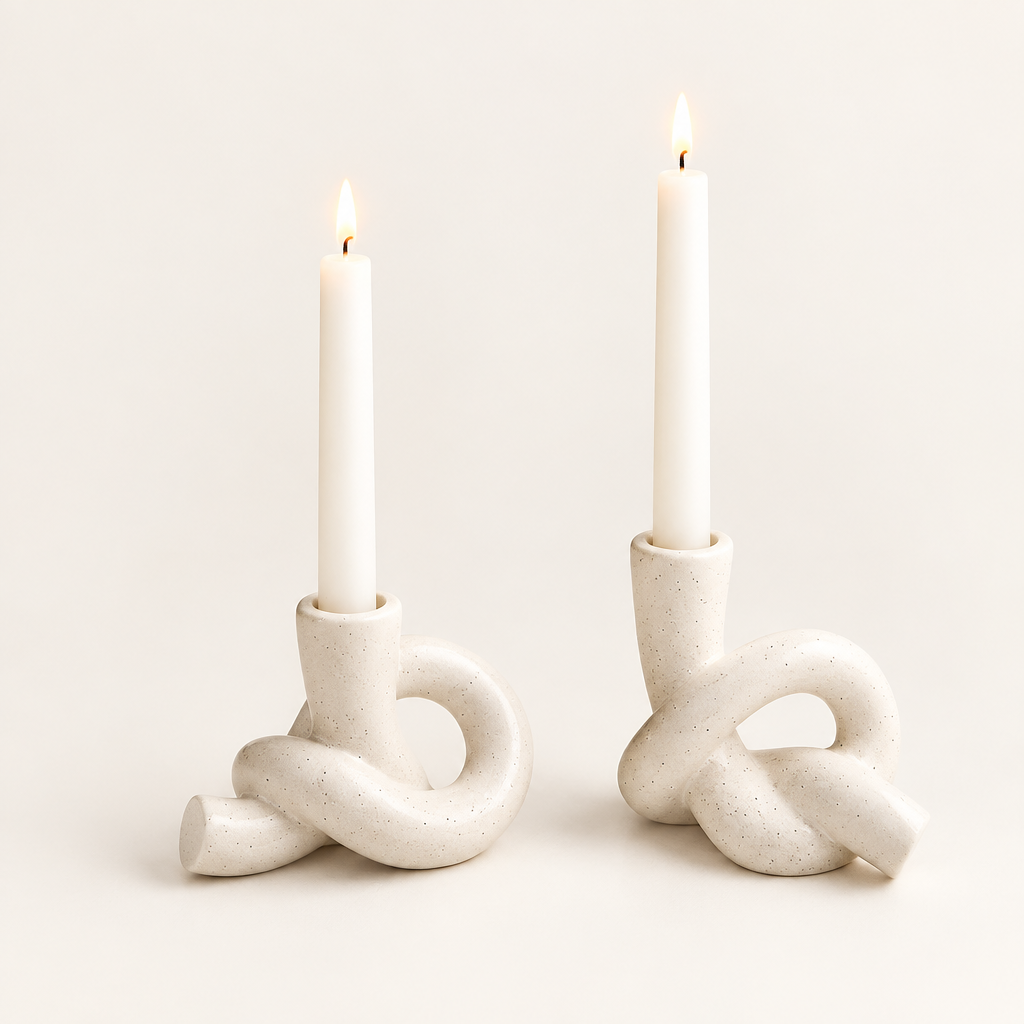 Knot ceramic candle holders in Short and Long, cream speckled, with lit taper candles