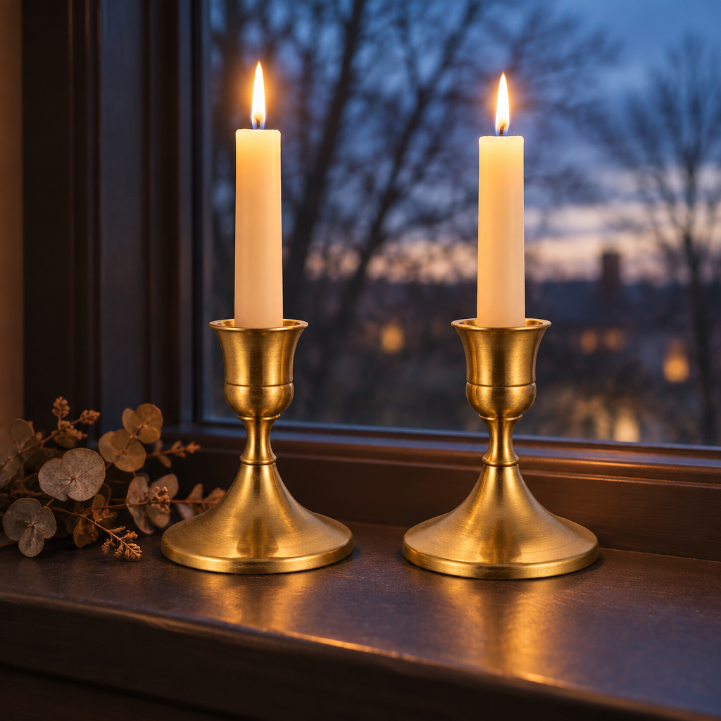 Antique Gold taper candlesticks glowing on a windowsill at dusk
