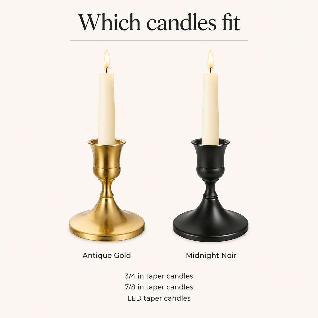 Which candles fit: 3/4 in, 7/8 in and LED taper candles, Antique Gold and Midnight Noir