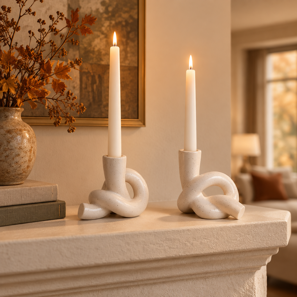 Pair of knot ceramic candle holders lit on a living room mantel in autumn