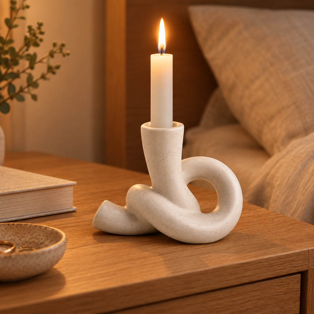 Short knot ceramic candle holder with lit taper on an oak bedside table