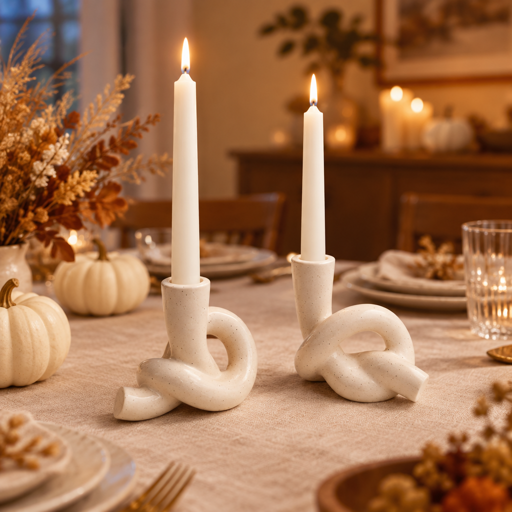 Knot ceramic taper holders on a Thanksgiving dinner table with white pumpkins