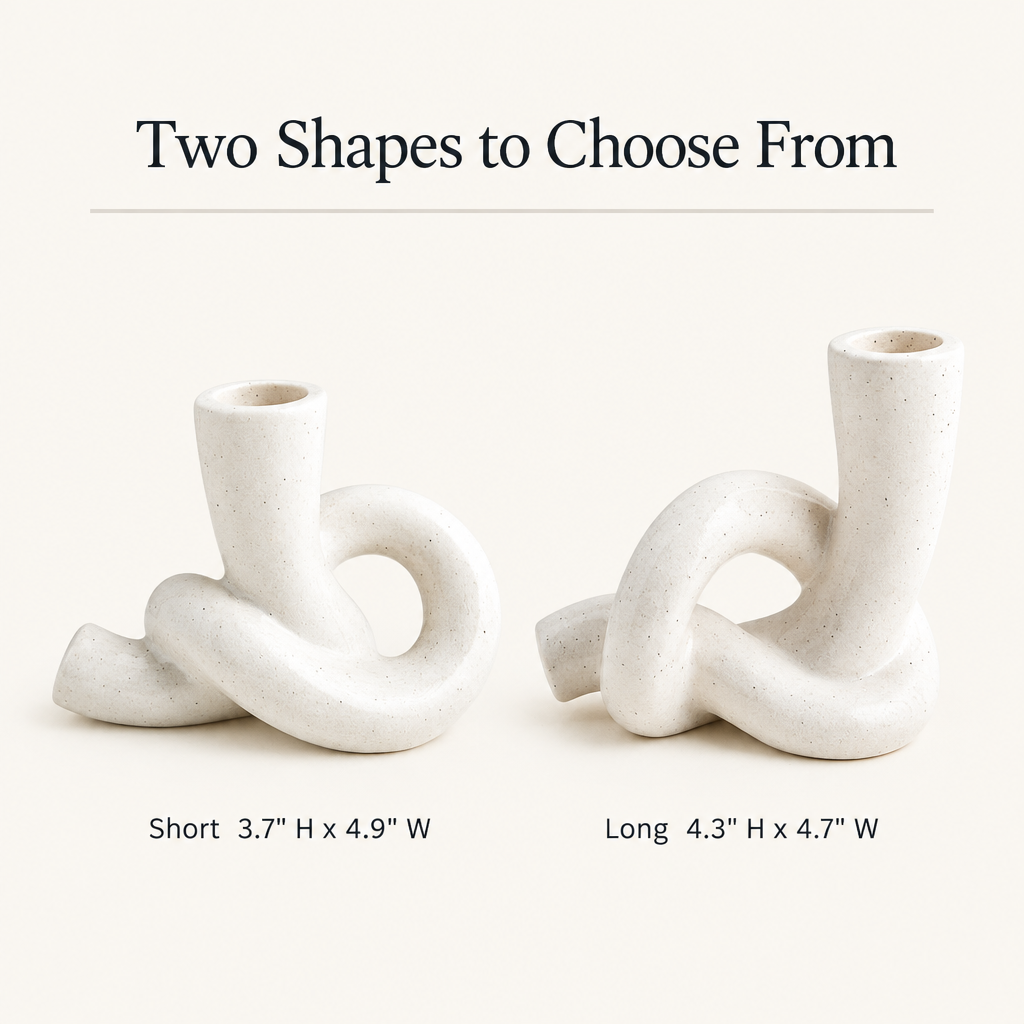 Knot ceramic candle holder sizes: Short 3.7 in high, Long 4.3 in high