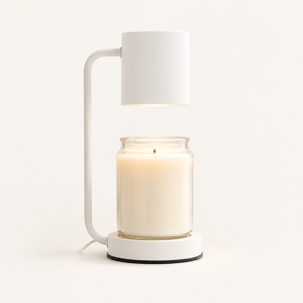 Calla candle warmer lamp in white with cylinder shade warming a jar candle