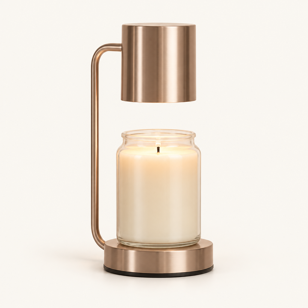 Calla candle warmer lamp in rose gold with cylinder shade warming a jar candle