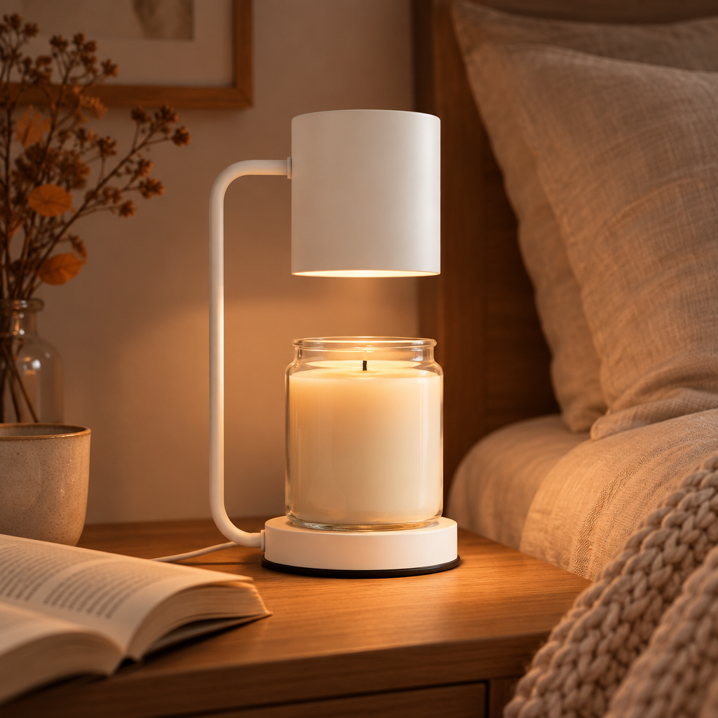 White Calla candle warmer lamp on a bedside table with linen bedding and an open book