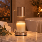 Rose gold Calla candle warmer lamp on a marble bathroom vanity beside a freestanding tub