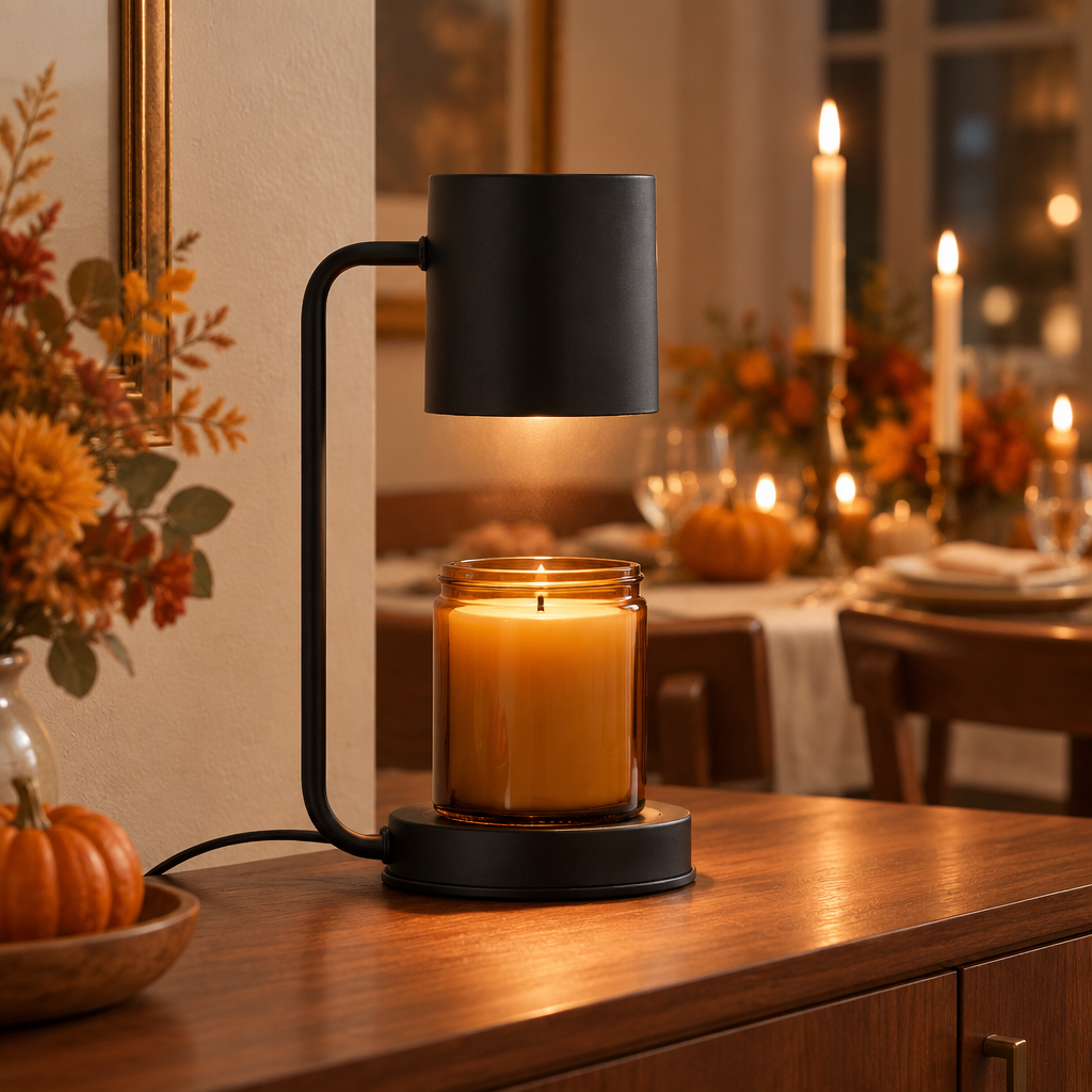 Black Calla candle warmer lamp on a dining sideboard on Thanksgiving evening