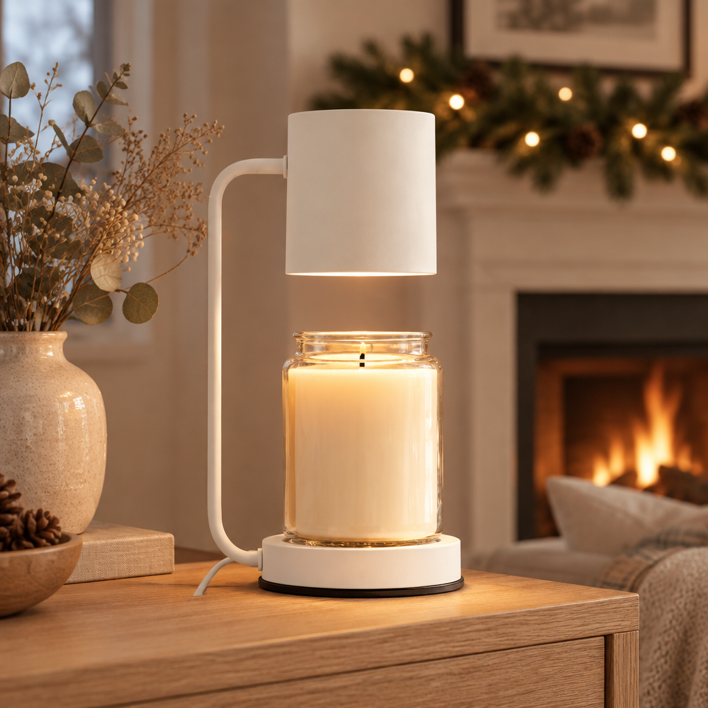 White Calla candle warmer lamp on a console table by a fireplace with holiday garland