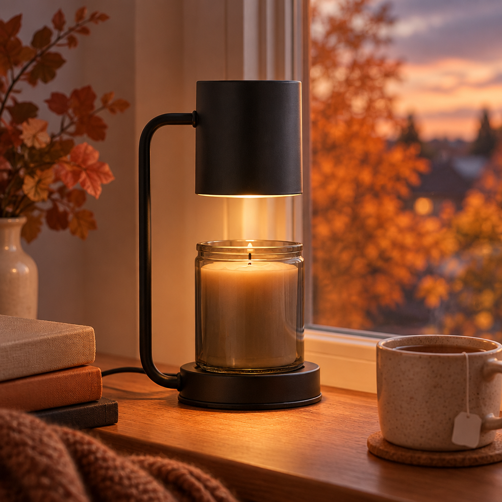 Black Calla candle warmer lamp on a reading table by an autumn window at dusk