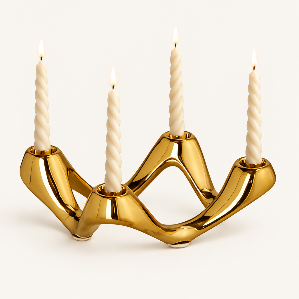 Cosmic Ripple gold ceramic wave candelabra holding four lit twisted taper candles