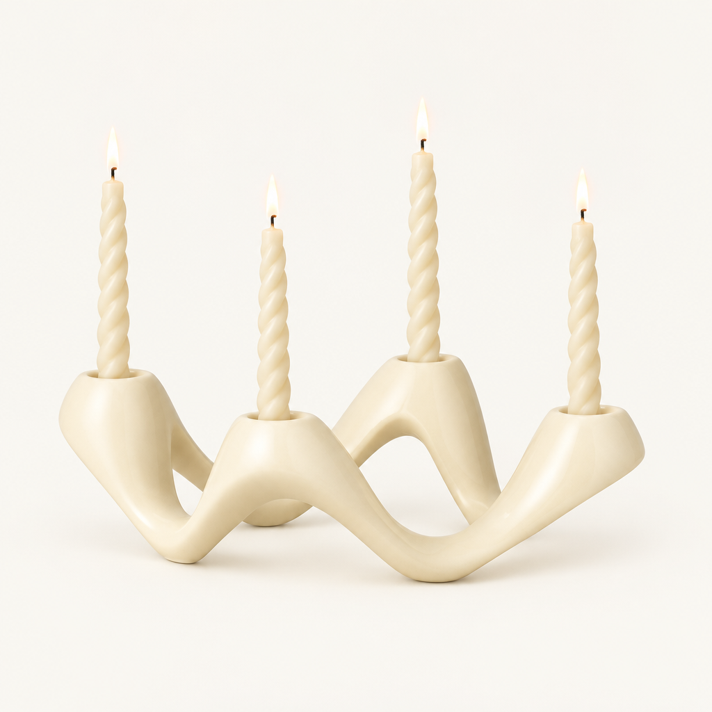 Cosmic Ripple white ceramic wave candelabra holding four lit twisted taper candles