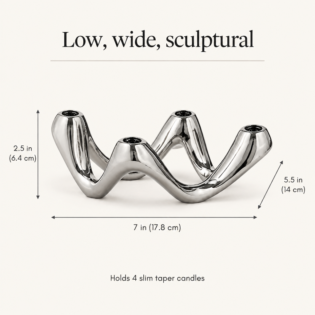 Dimensions: 7 in long, 5.5 in deep, 2.5 in tall, holds 4 slim taper candles