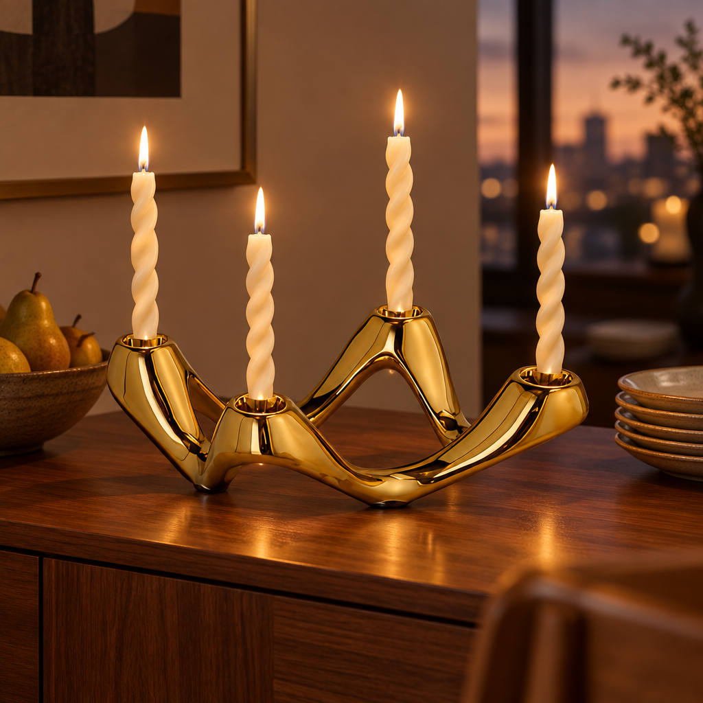 Gold Cosmic Ripple candelabra on a walnut dining sideboard at dusk