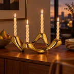 Gold Cosmic Ripple candelabra on a walnut dining sideboard at dusk