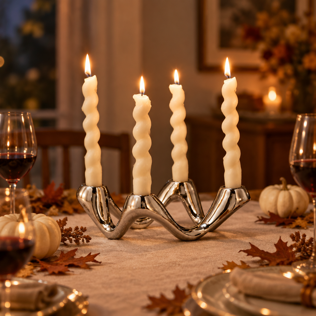 Silver Cosmic Ripple candelabra as a Thanksgiving dinner table centrepiece