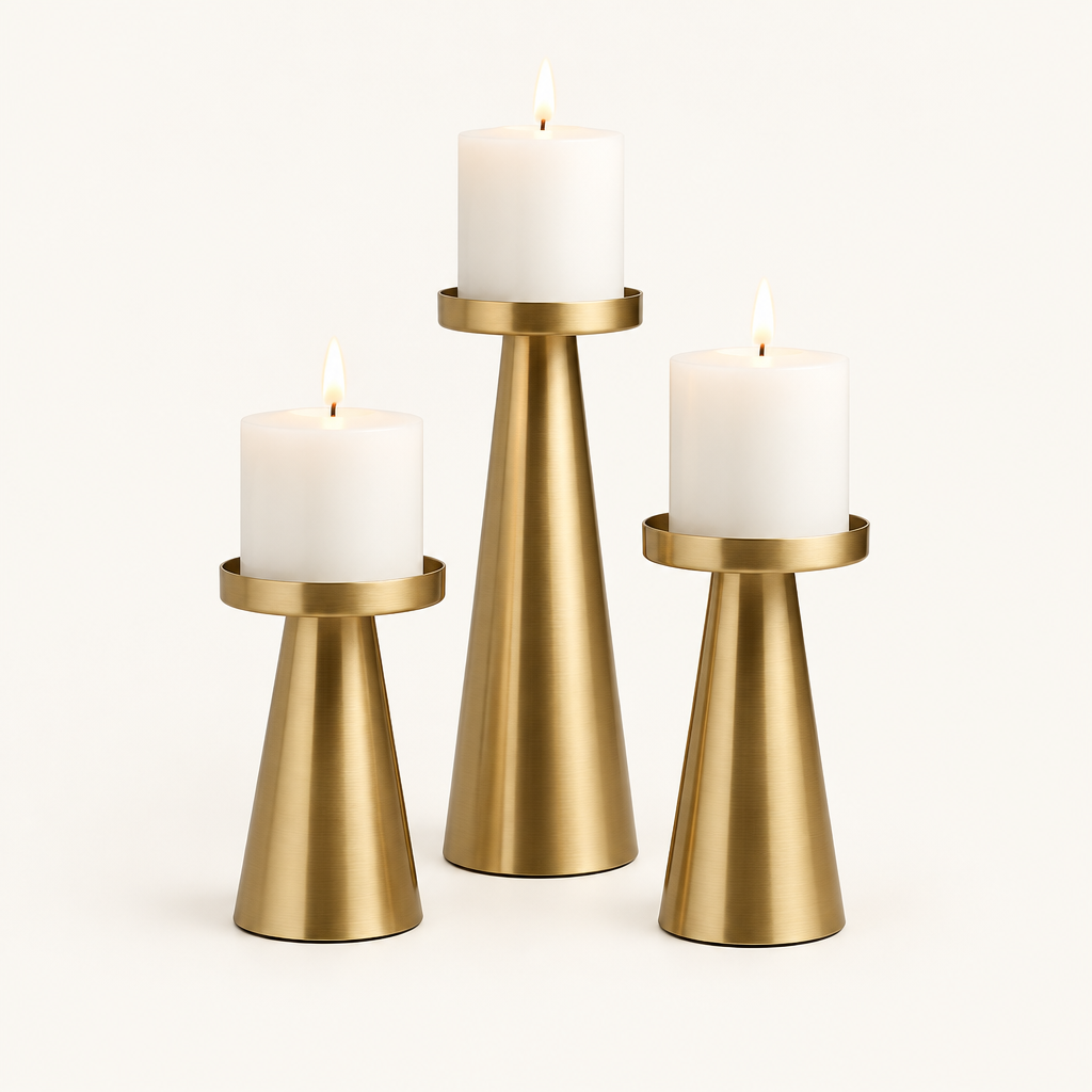 Set of 3 brushed brass-finish pillar candle holders in three heights with lit white pillar candles