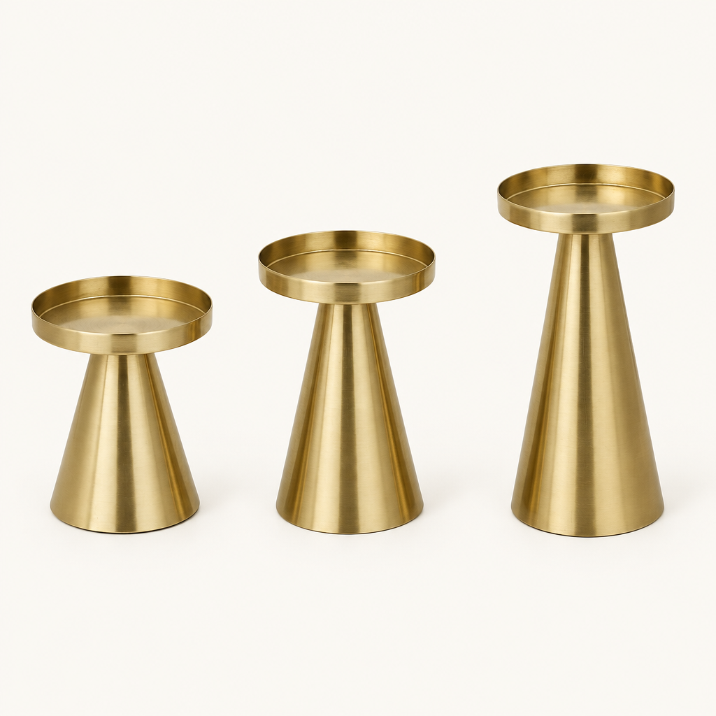 Three gold cone pillar candle holders shown empty, with round rimmed candle trays