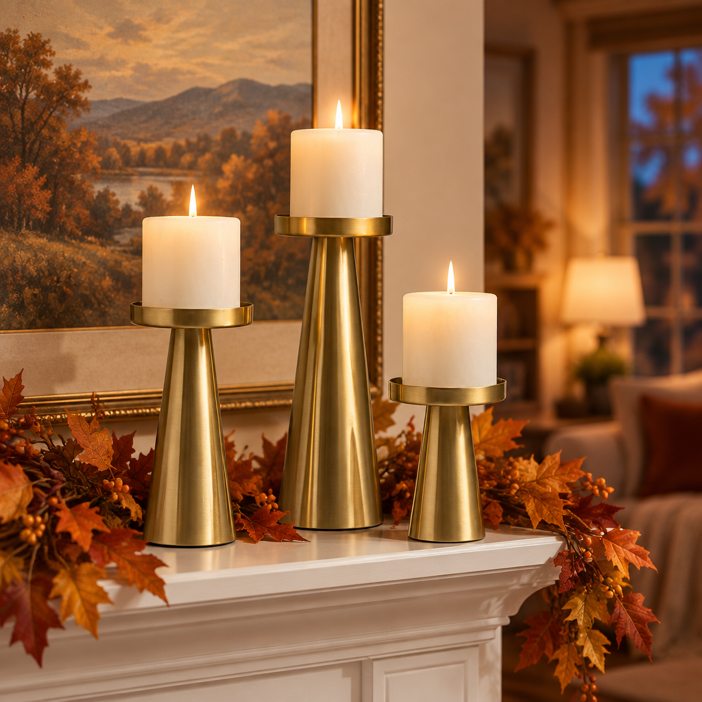 Set of three brass candle holders lit on a fireplace mantel with an autumn leaf garland