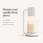 Calla candle warmer warms your candle from above: no open flame, dimmable warm light, rotary or timer dimmer