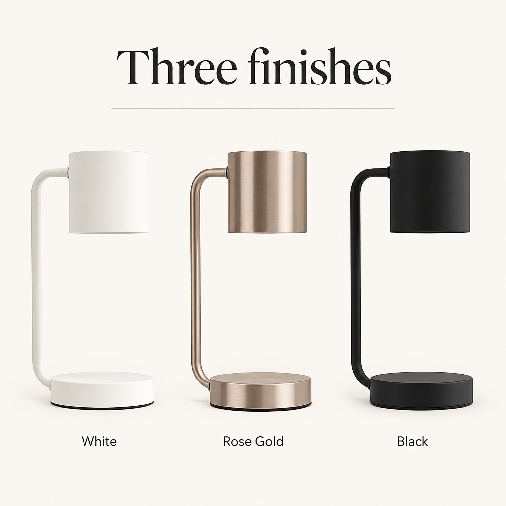 Calla candle warmer lamp in three finishes: white, rose gold and black