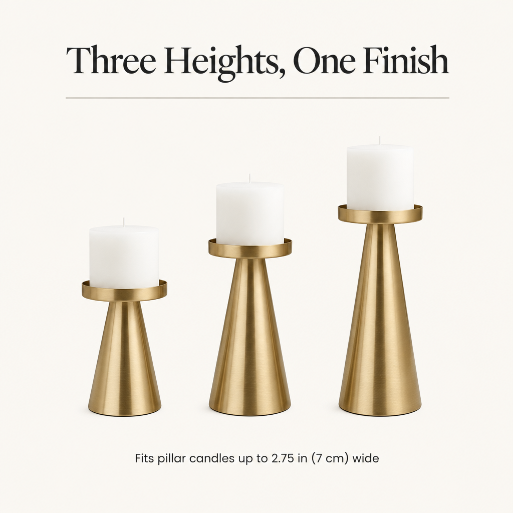 Three heights, one finish: fits pillar candles up to 2.75 in (7 cm) wide