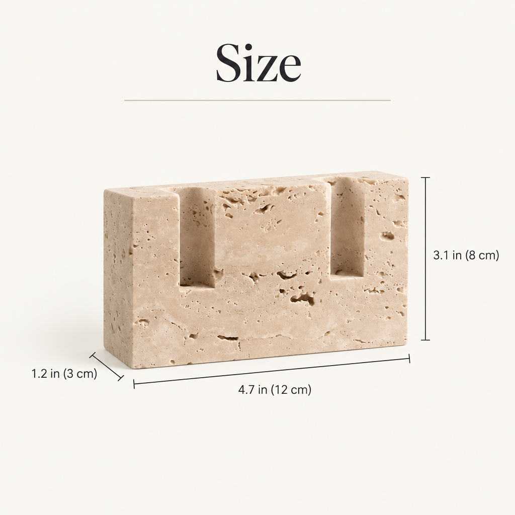 Travertine candle holder size: 4.7 in long, 3.1 in high, 1.2 in deep