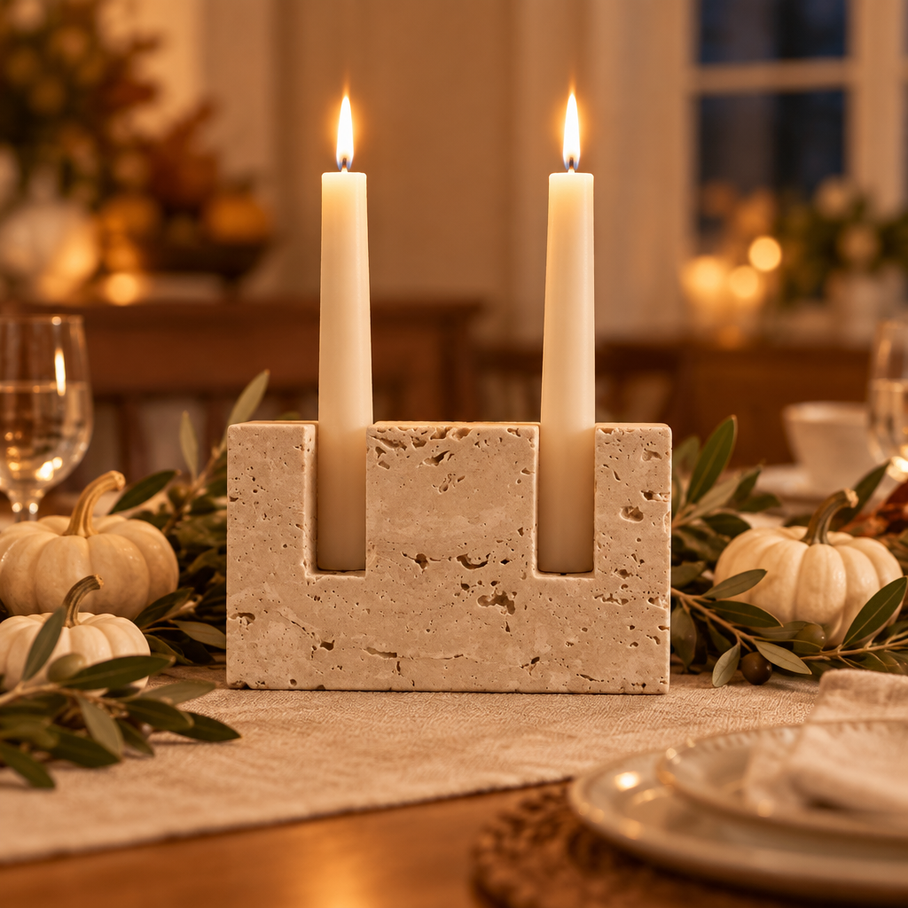 Travertine taper candle holder as a Thanksgiving table centrepiece with white pumpkins
