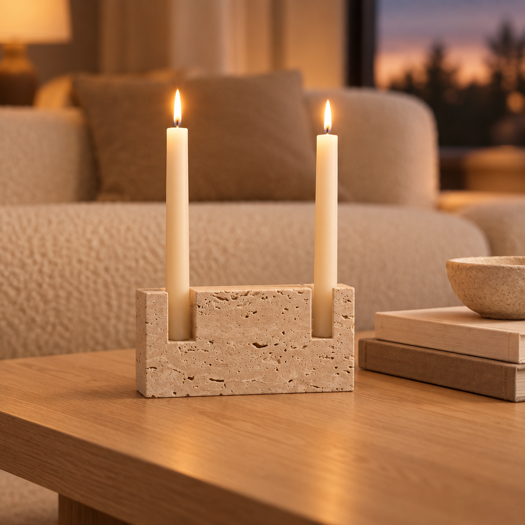 Travertine taper candle holder on an oak coffee table in a neutral living room at dusk