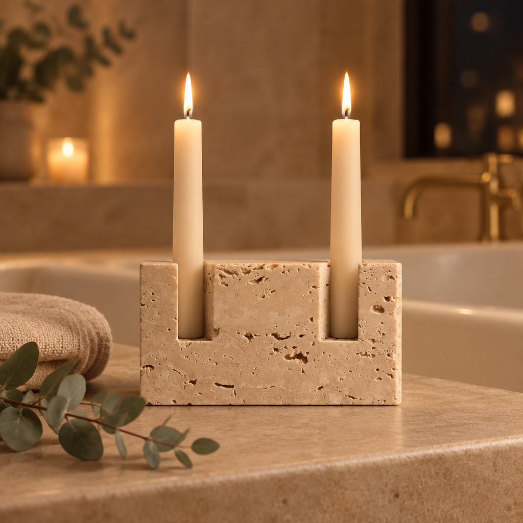Travertine taper candle holder on a bathtub ledge in a spa bathroom at night