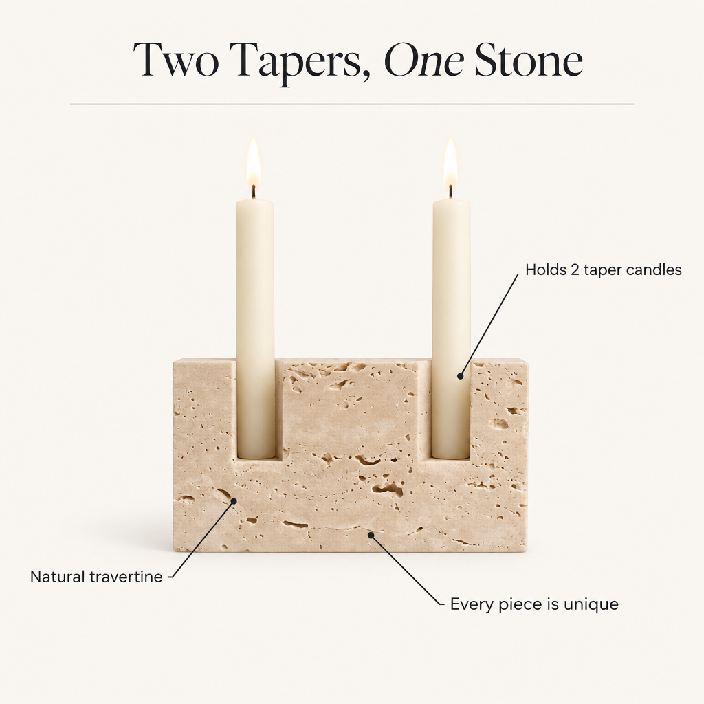 Travertine candle holder features: natural stone, holds two taper candles