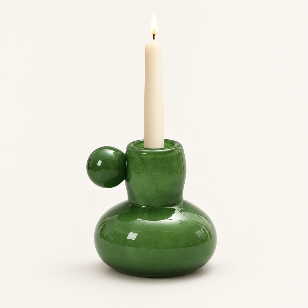 Celestial Nordic glass candle holder in green with a lit taper candle