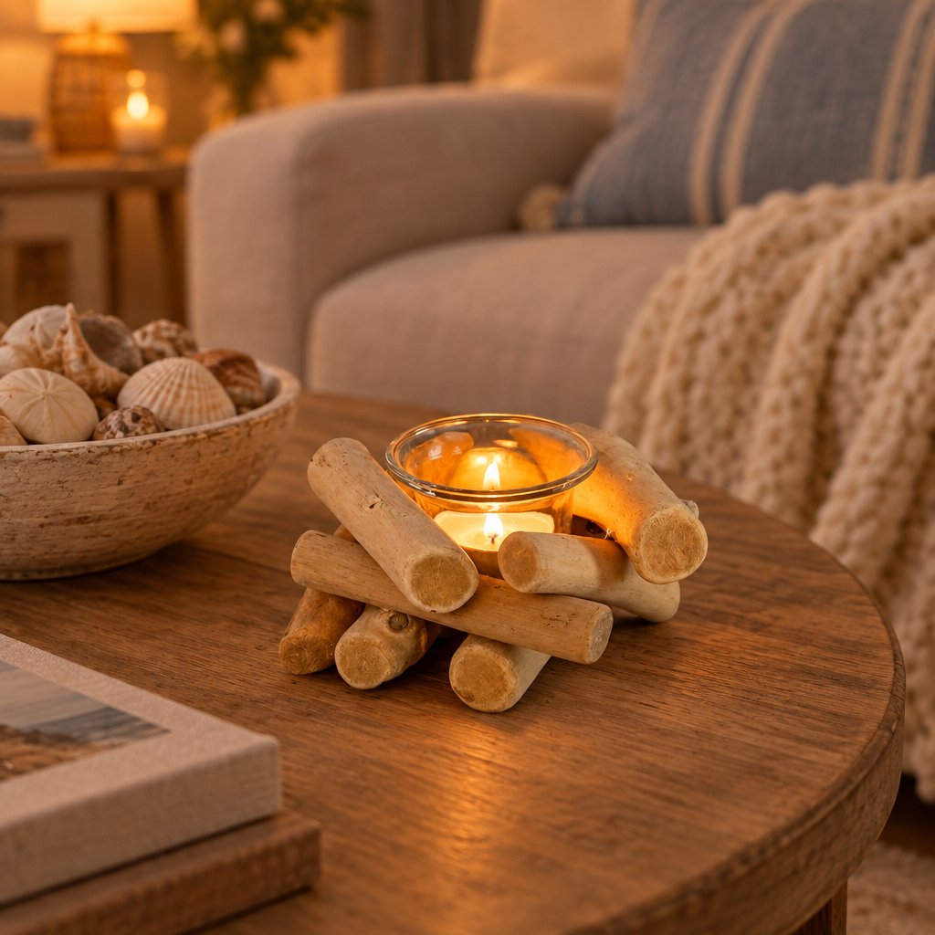 Driftwood tealight holder glowing on a coffee table in a coastal living room