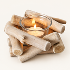 Driftwood Haven tealight holder, natural driftwood with glass cup and lit tealight