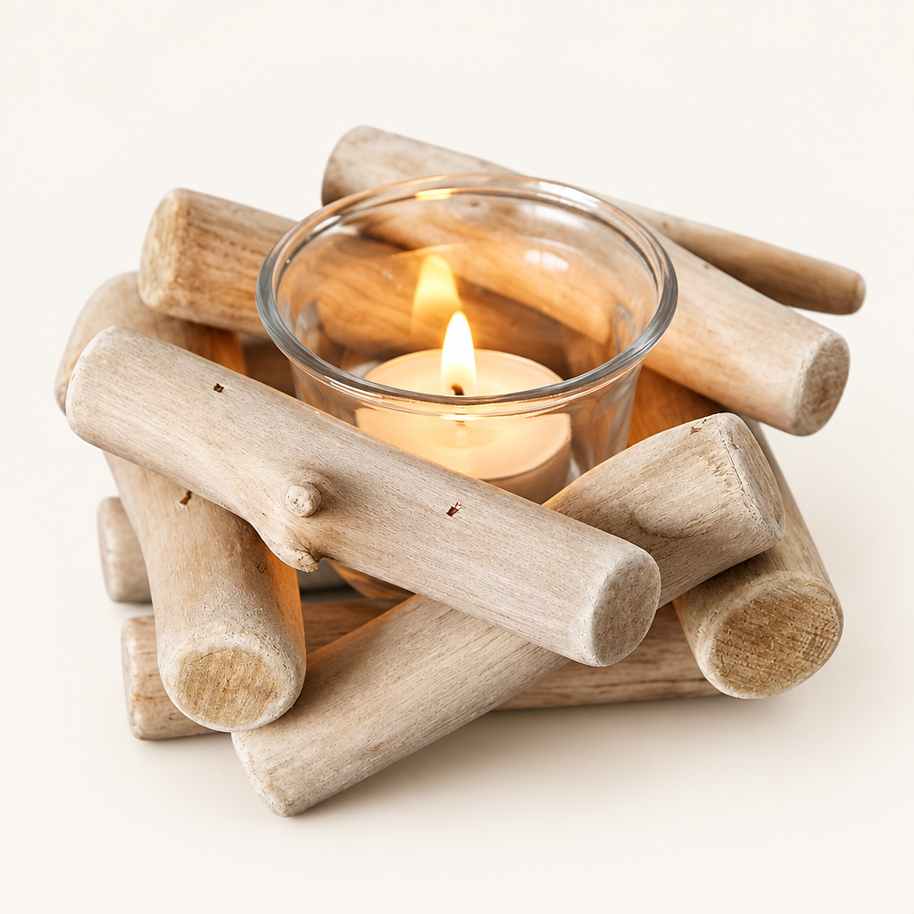 Driftwood Haven tealight holder, natural driftwood with glass cup and lit tealight