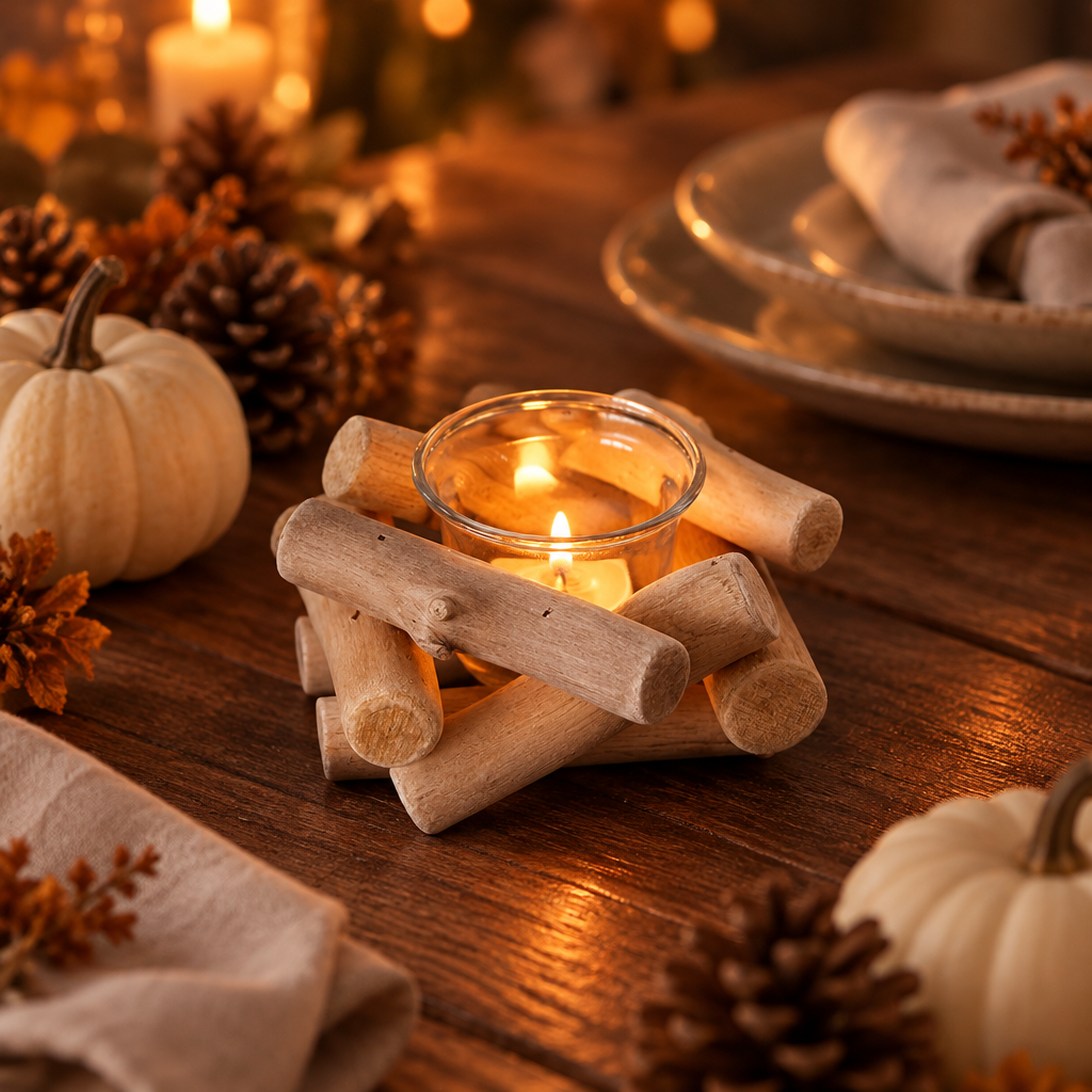 Driftwood tealight holder on a rustic Thanksgiving table with pumpkins and pinecones