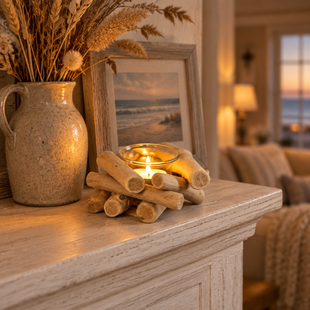 Driftwood tealight holder on a whitewashed beach-house mantel in autumn