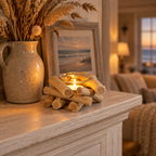 Driftwood tealight holder on a whitewashed beach-house mantel in autumn