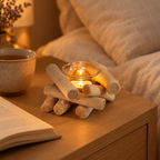 Driftwood tealight holder on an oak bedside table next to a book