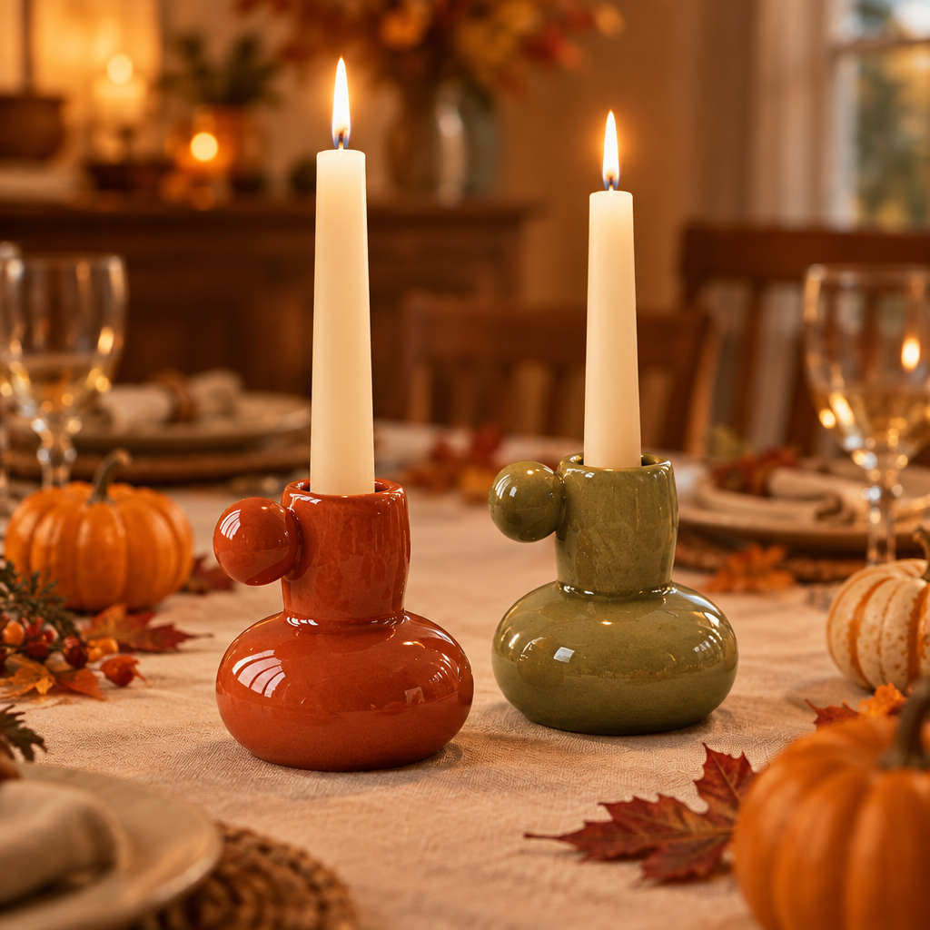 Orange and olive green glass candle holders lit on a Thanksgiving dinner table with pumpkins